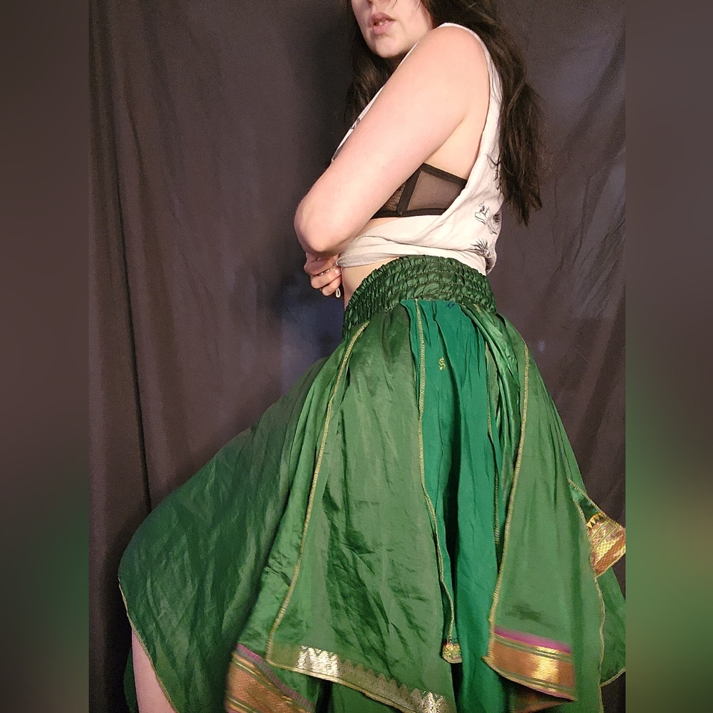 Recycled Sari fabric green handkerchief hem midlength hippie skirt. One Size.